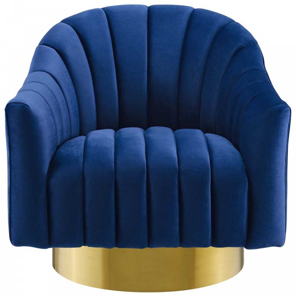 Buoyant Vertical Channel Tufted Accent Lounge Performance Velvet Swivel Chair, Navy
