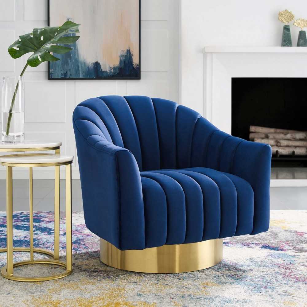 Buoyant Vertical Channel Tufted Accent Lounge Performance Velvet Swivel Chair, Navy