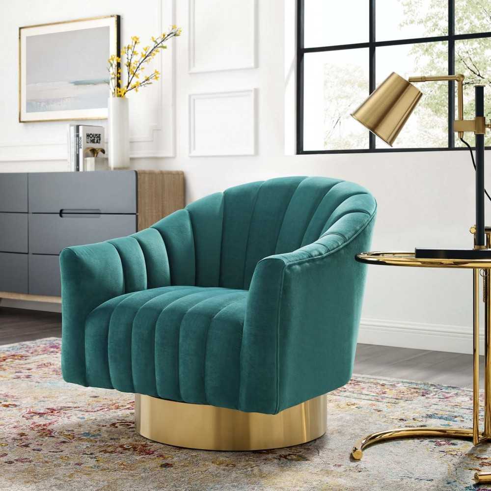 Buoyant Vertical Channel Tufted Accent Lounge Performance Velvet Swivel Chair, Teal