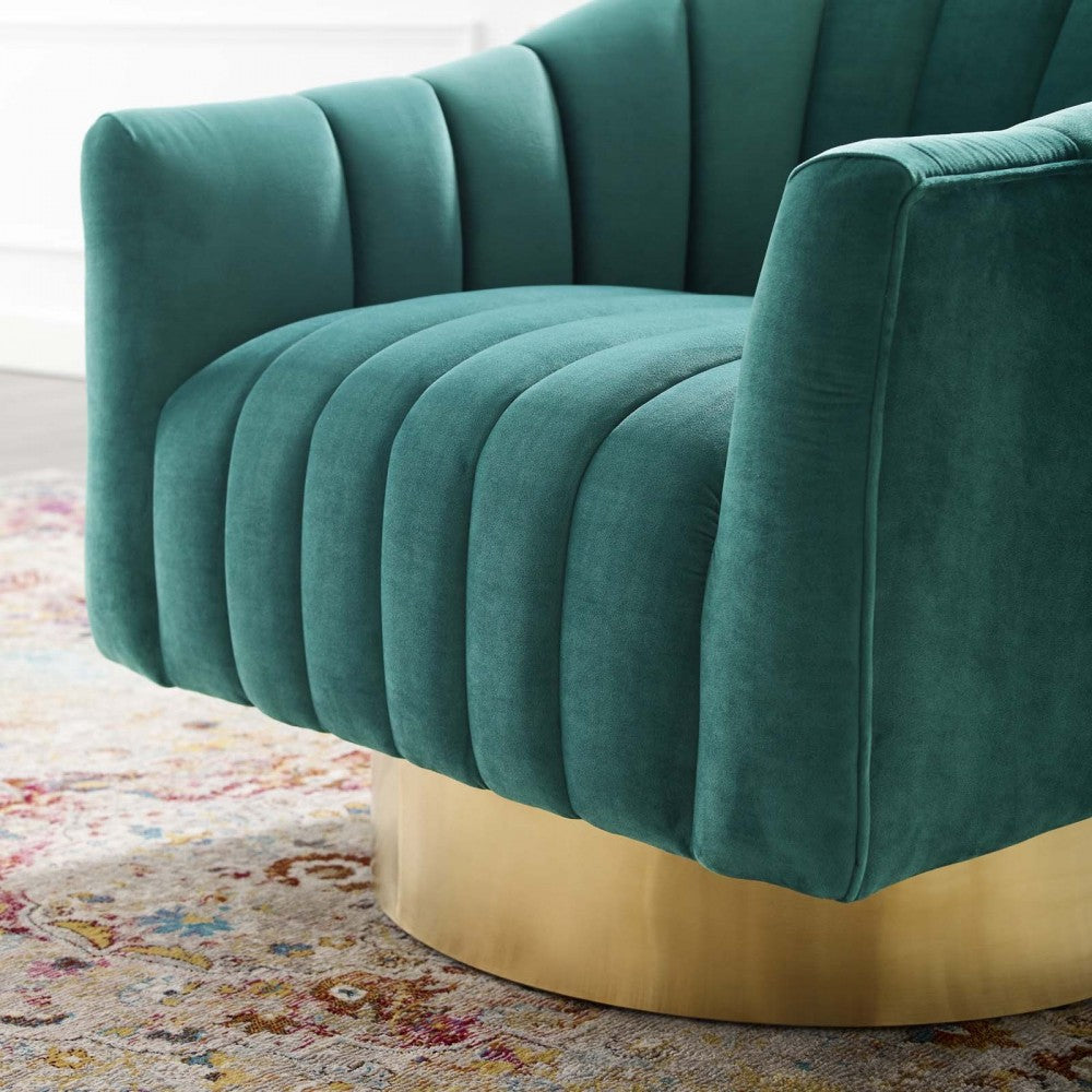 Buoyant Vertical Channel Tufted Accent Lounge Performance Velvet Swivel Chair, Teal