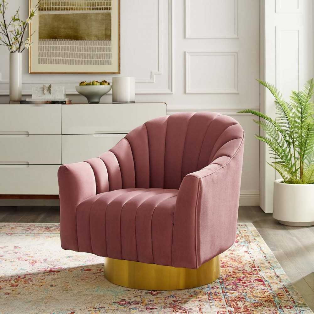 Buoyant Vertical Channel Tufted Accent Lounge Performance Velvet Swivel Chair, Dusty Rose