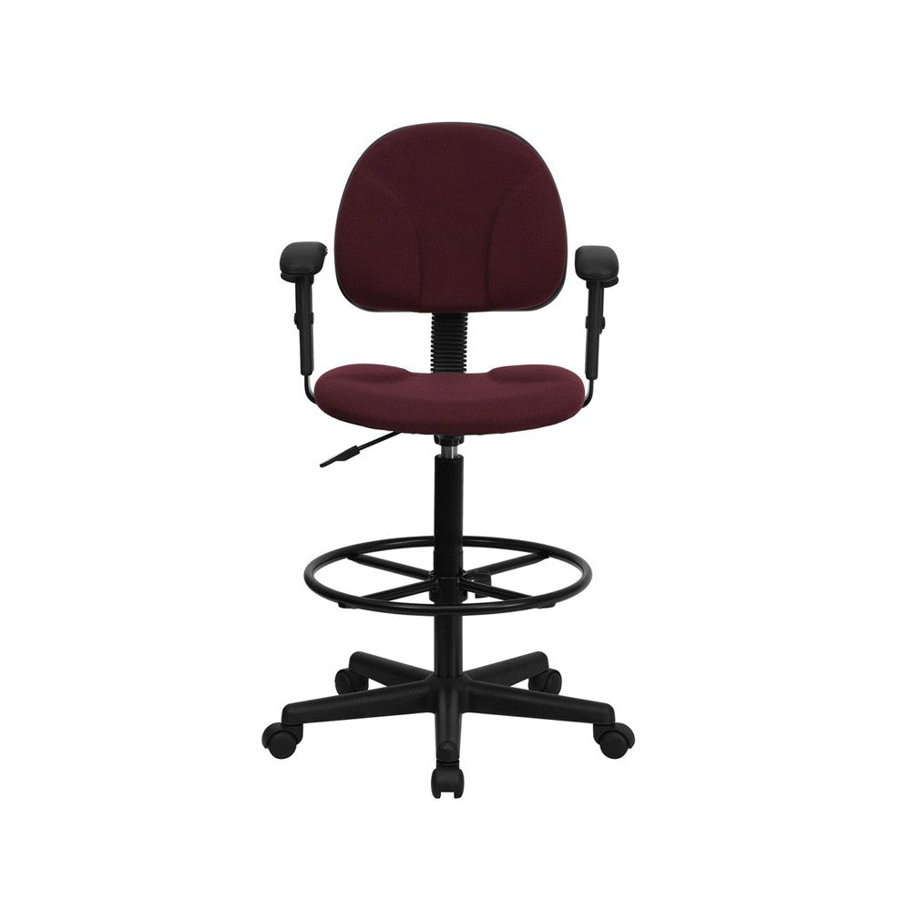 Burgundy Fabric Drafting Chair with Adjustable Arms (Cylinders: 22.5''-27''H or 26''-30.5''H)