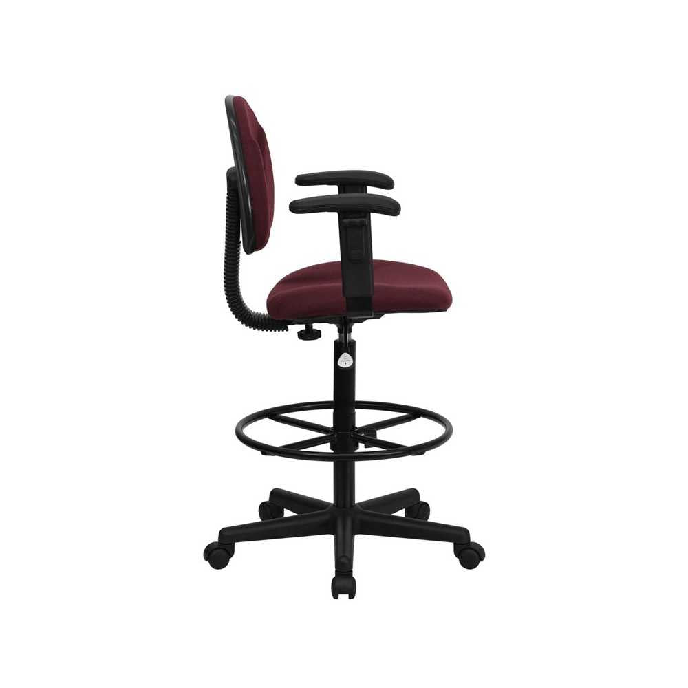Burgundy Fabric Drafting Chair with Adjustable Arms (Cylinders: 22.5''-27''H or 26''-30.5''H)
