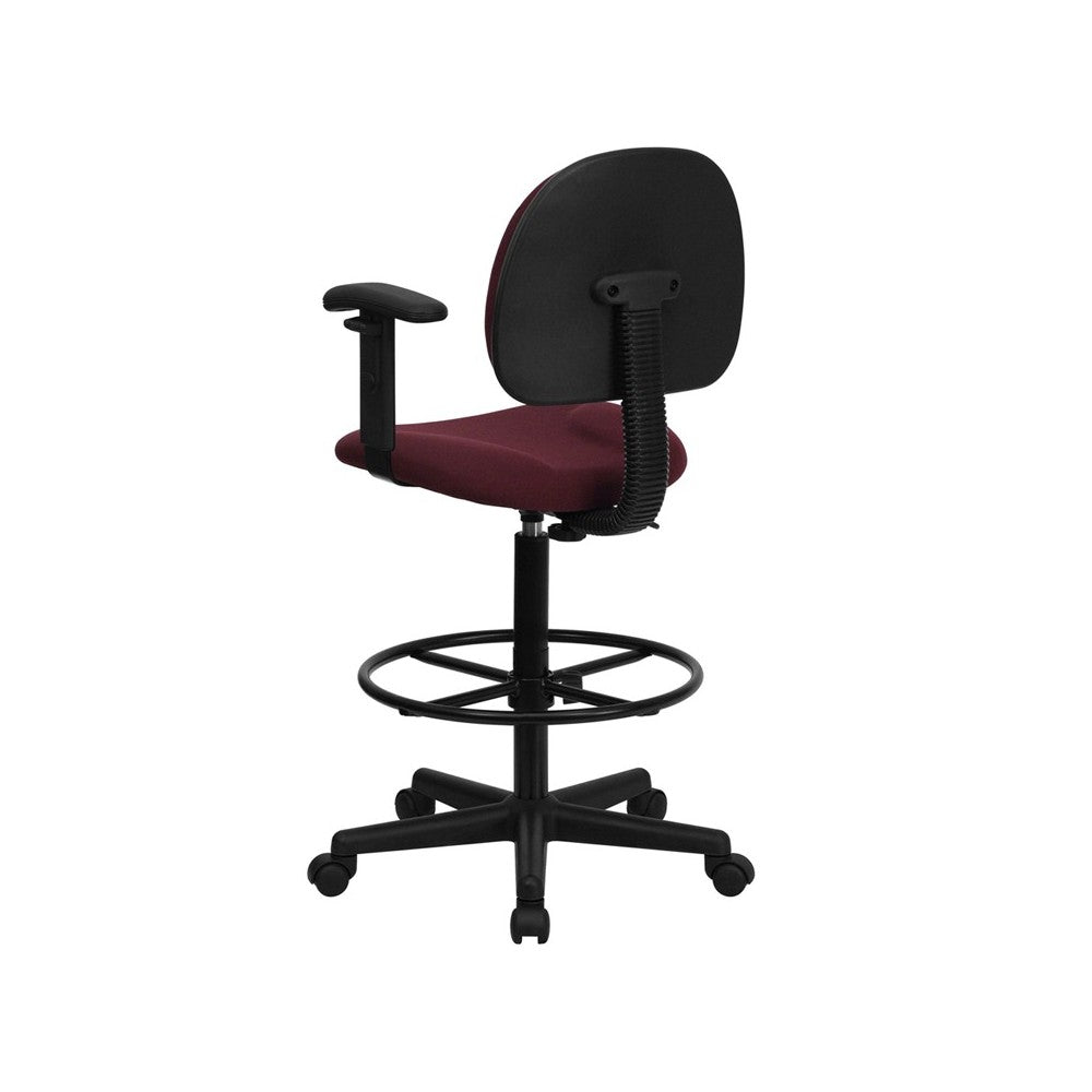 Burgundy Fabric Drafting Chair with Adjustable Arms (Cylinders: 22.5''-27''H or 26''-30.5''H)
