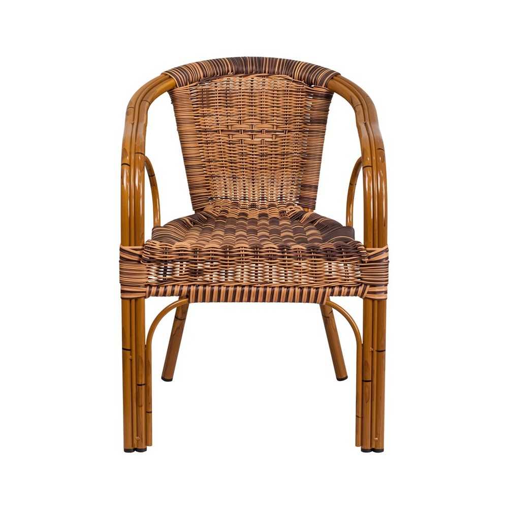 Cadiz Series Burning Brown Rattan Restaurant Patio Chair with Dark Red Bamboo-Aluminum Frame