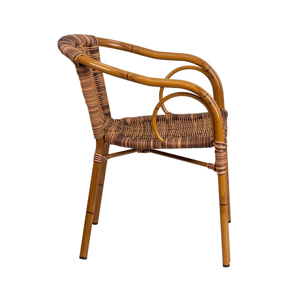 Cadiz Series Burning Brown Rattan Restaurant Patio Chair with Dark Red Bamboo-Aluminum Frame