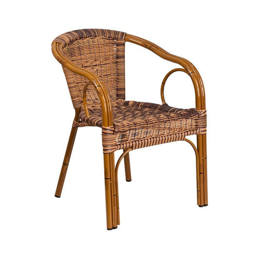 Cadiz Series Burning Brown Rattan Restaurant Patio Chair with Dark Red Bamboo-Aluminum Frame