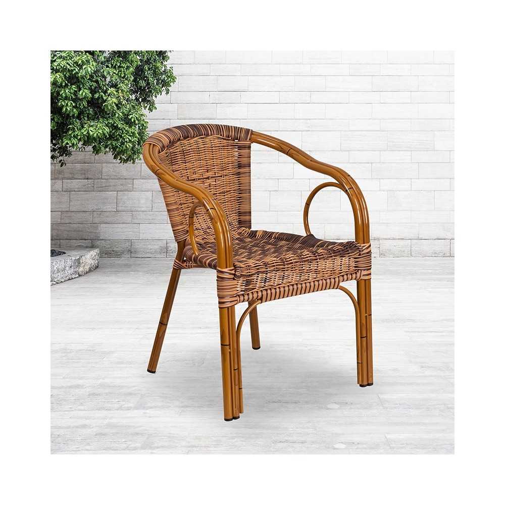 Cadiz Series Burning Brown Rattan Restaurant Patio Chair with Dark Red Bamboo-Aluminum Frame