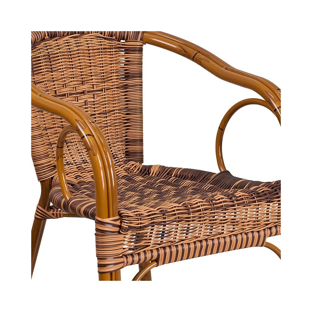 Cadiz Series Burning Brown Rattan Restaurant Patio Chair with Dark Red Bamboo-Aluminum Frame
