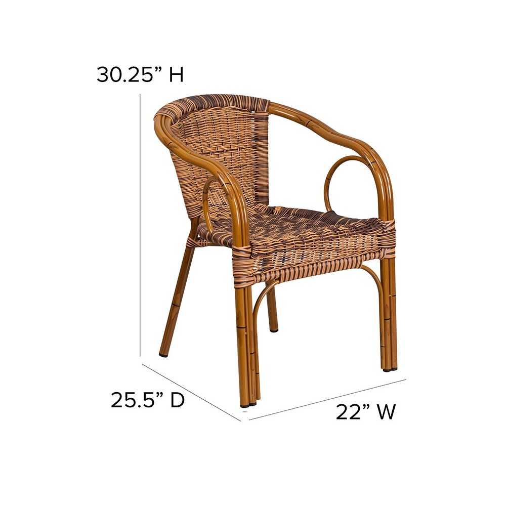 Cadiz Series Burning Brown Rattan Restaurant Patio Chair with Dark Red Bamboo-Aluminum Frame