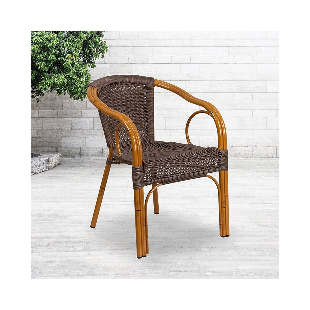 Cadiz Series Dark Brown Rattan Restaurant Patio Chair with Red Bamboo-Aluminum Frame