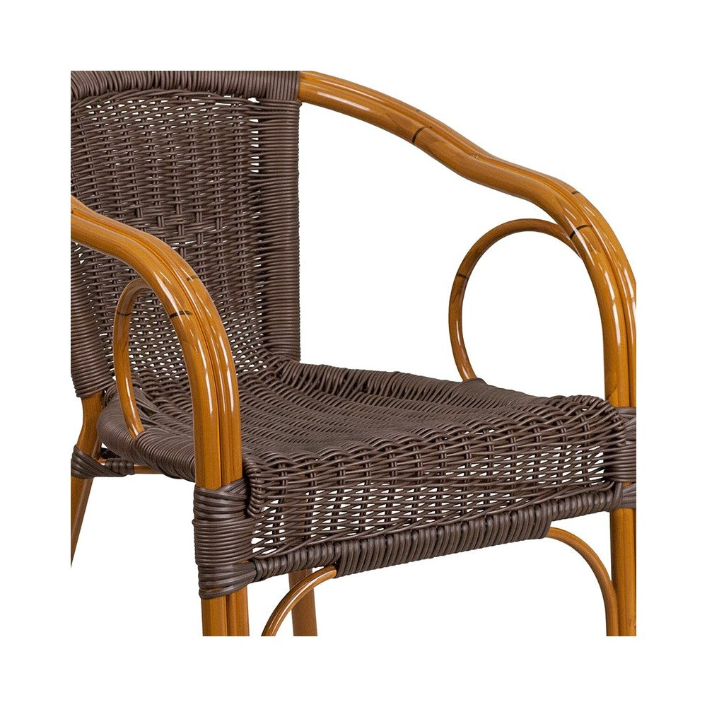 Cadiz Series Dark Brown Rattan Restaurant Patio Chair with Red Bamboo-Aluminum Frame