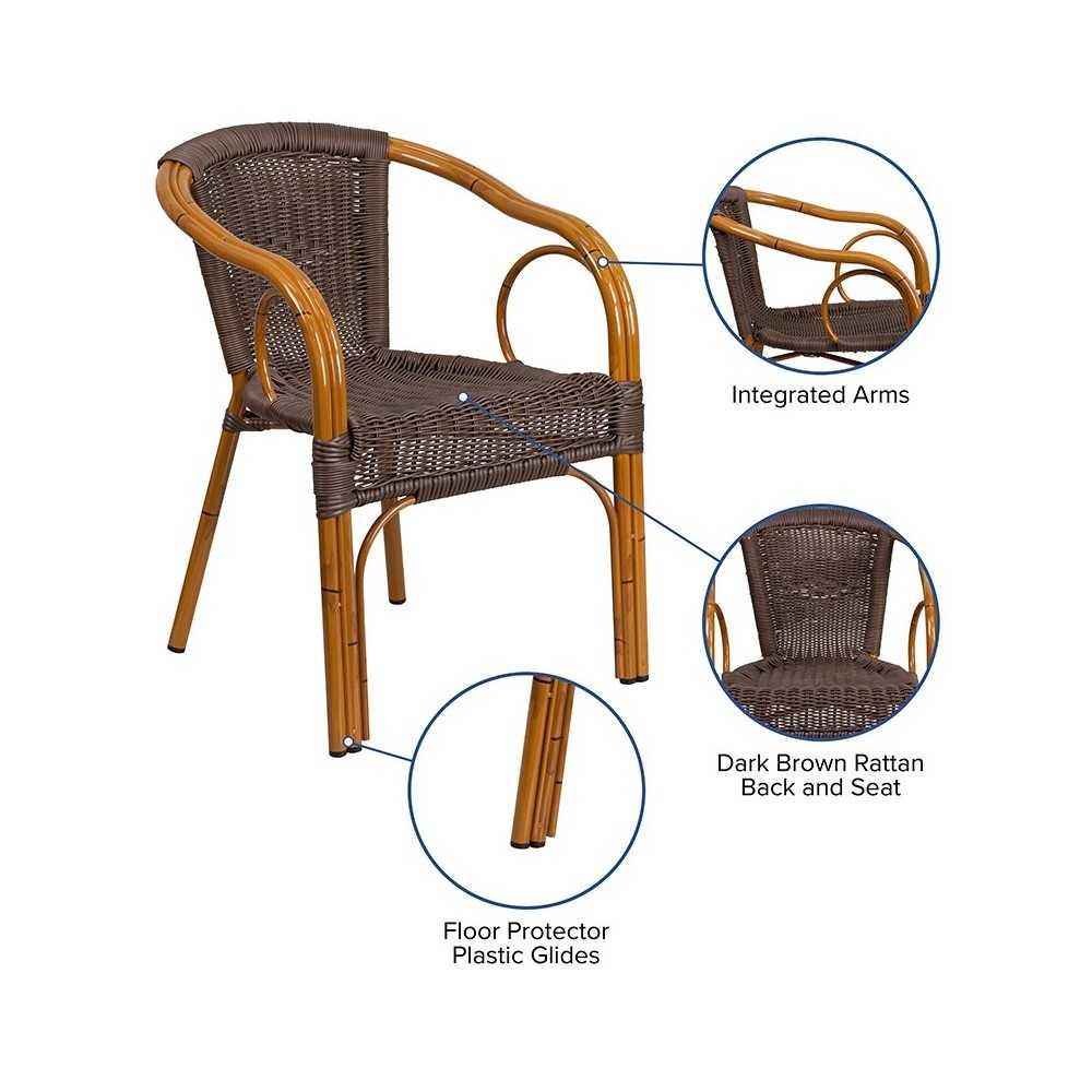 Cadiz Series Dark Brown Rattan Restaurant Patio Chair with Red Bamboo-Aluminum Frame