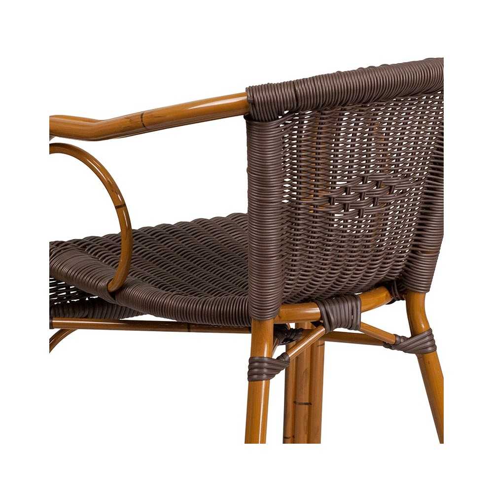 Cadiz Series Dark Brown Rattan Restaurant Patio Chair with Red Bamboo-Aluminum Frame