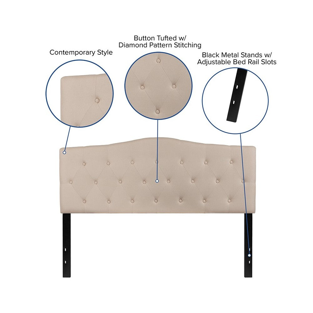 Cambridge Tufted Upholstered Queen Size Headboard in Beige Fabric