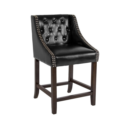 Carmel Series 24" High Transitional Tufted Walnut Counter Height Stool with Accent Nail Trim in Black LeatherSoft