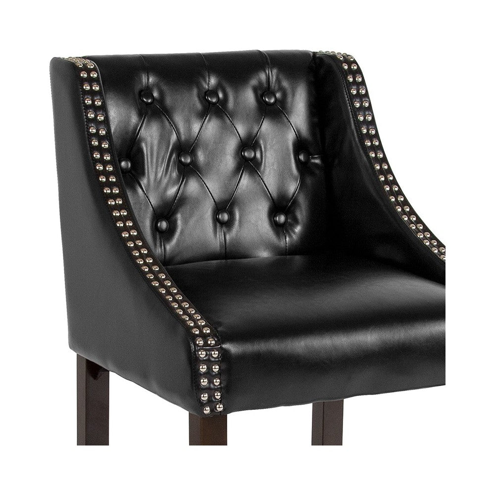 Carmel Series 24" High Transitional Tufted Walnut Counter Height Stool with Accent Nail Trim in Black LeatherSoft