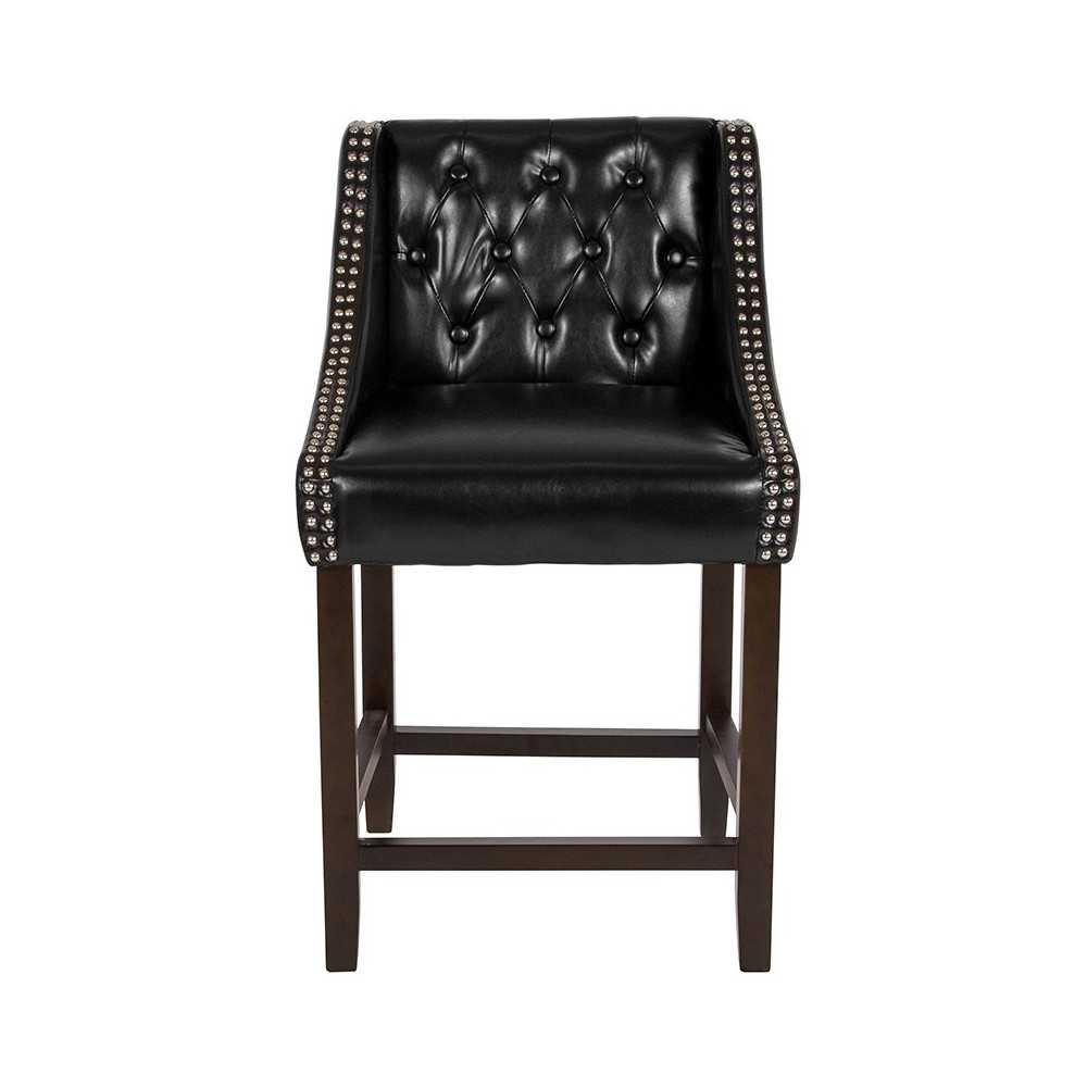 Carmel Series 24" High Transitional Tufted Walnut Counter Height Stool with Accent Nail Trim in Black LeatherSoft