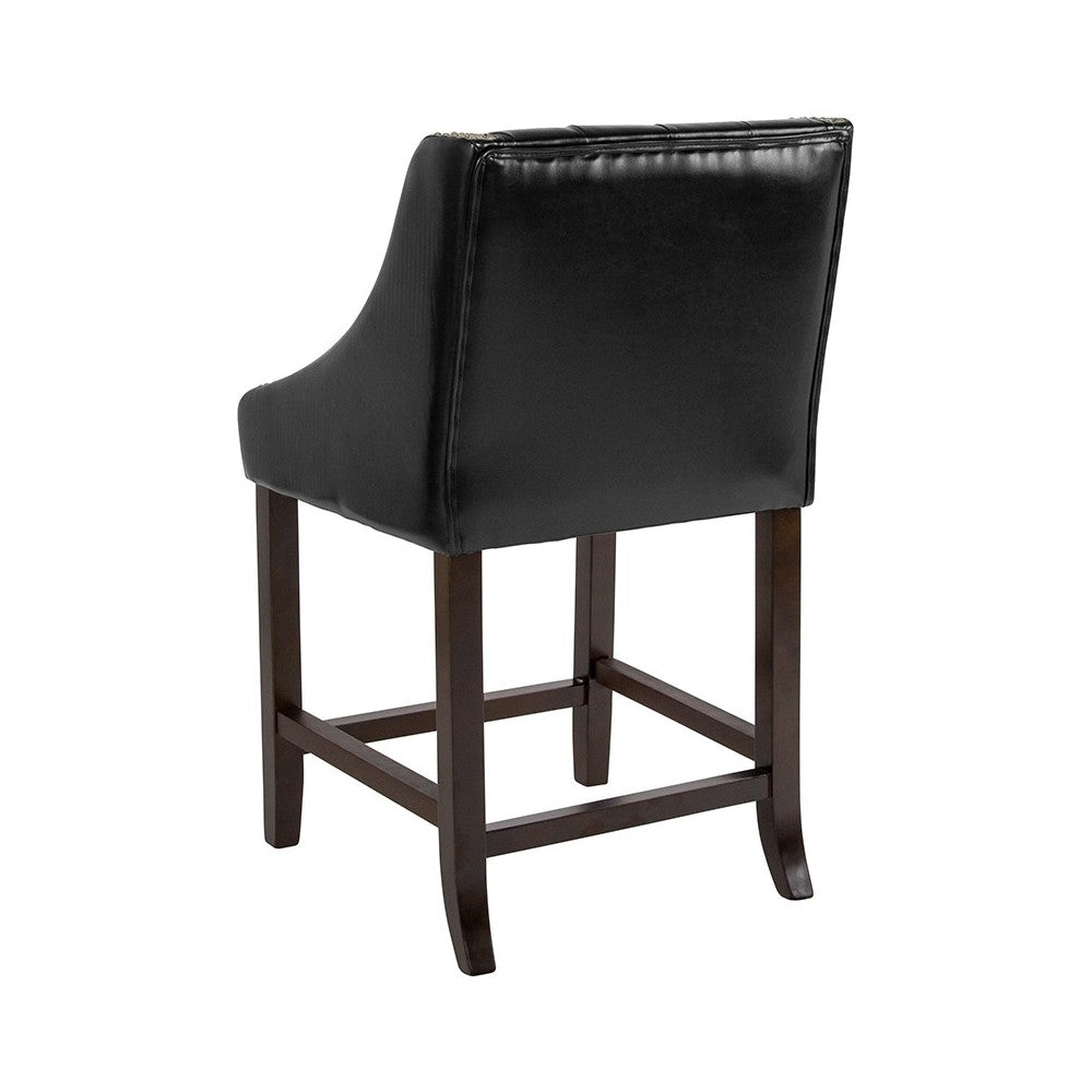 Carmel Series 24" High Transitional Tufted Walnut Counter Height Stool with Accent Nail Trim in Black LeatherSoft