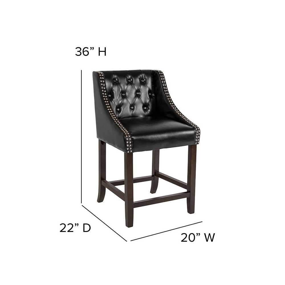 Carmel Series 24" High Transitional Tufted Walnut Counter Height Stool with Accent Nail Trim in Black LeatherSoft