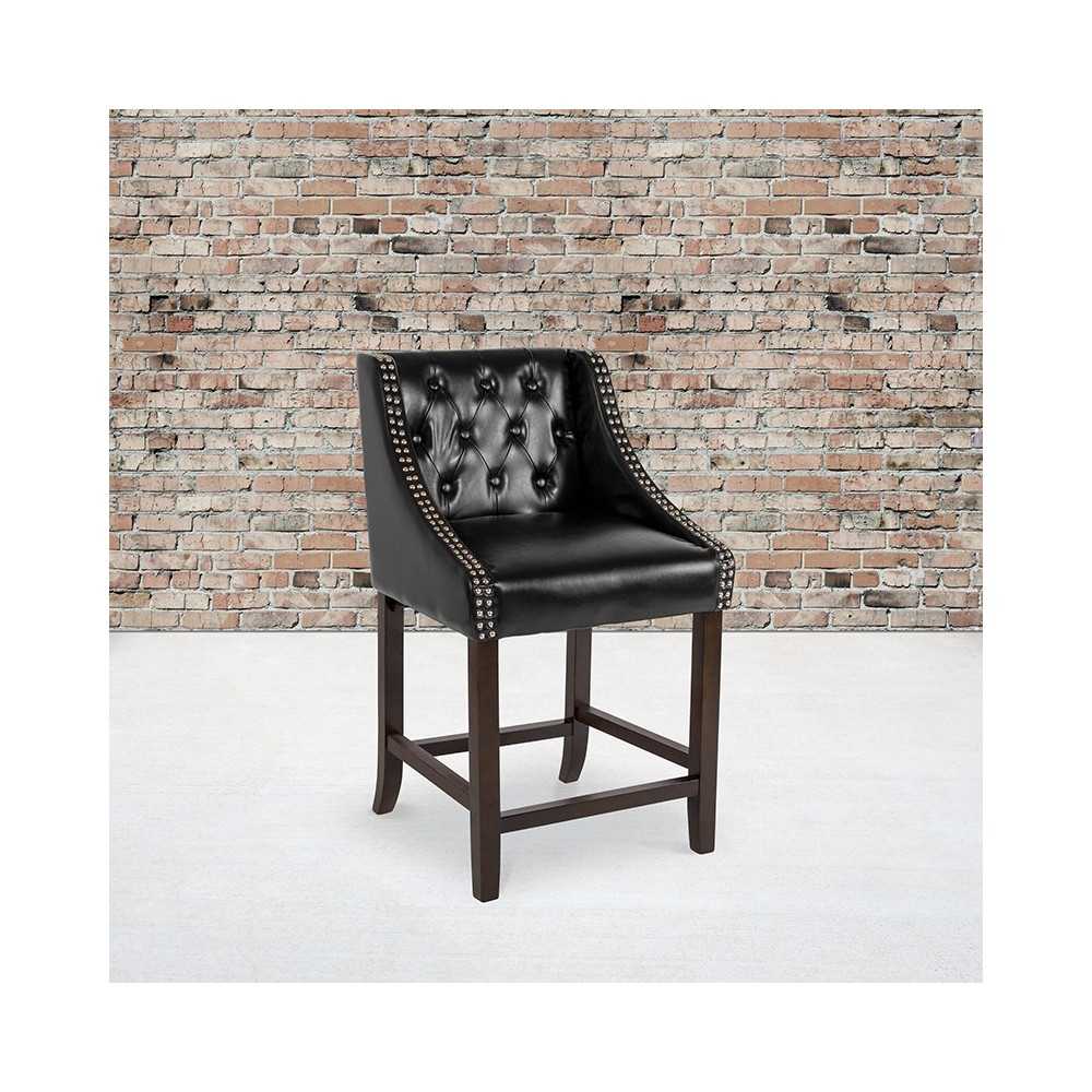 Carmel Series 24" High Transitional Tufted Walnut Counter Height Stool with Accent Nail Trim in Black LeatherSoft