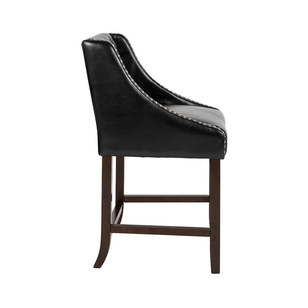 Carmel Series 24" High Transitional Tufted Walnut Counter Height Stool with Accent Nail Trim in Black LeatherSoft