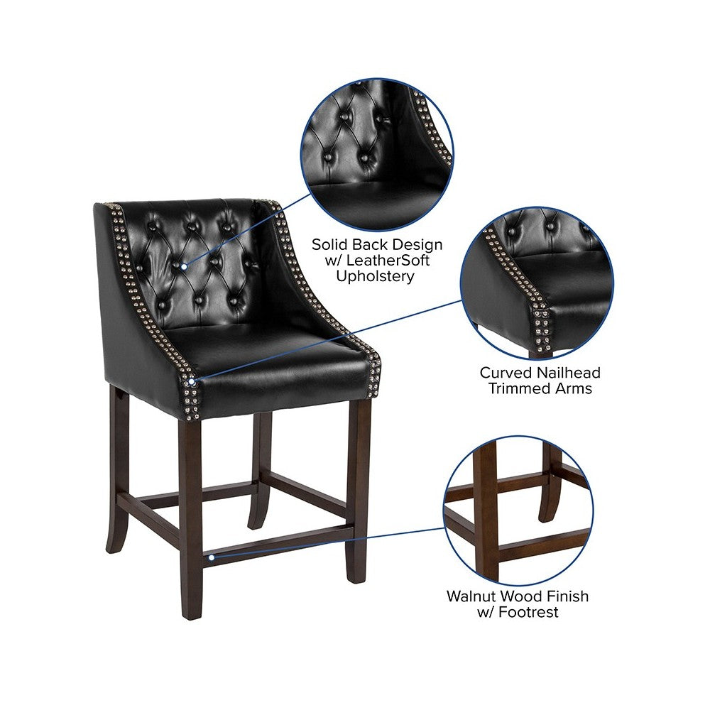 Carmel Series 24" High Transitional Tufted Walnut Counter Height Stool with Accent Nail Trim in Black LeatherSoft