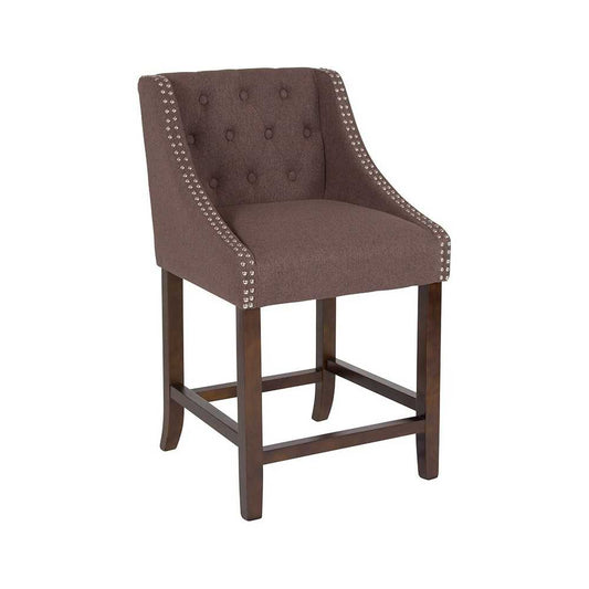 Carmel Series 24" High Transitional Tufted Walnut Counter Height Stool with Accent Nail Trim in Brown Fabric