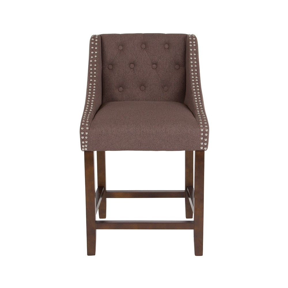 Carmel Series 24" High Transitional Tufted Walnut Counter Height Stool with Accent Nail Trim in Brown Fabric