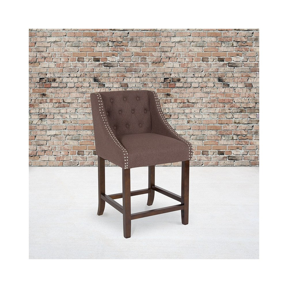 Carmel Series 24" High Transitional Tufted Walnut Counter Height Stool with Accent Nail Trim in Brown Fabric