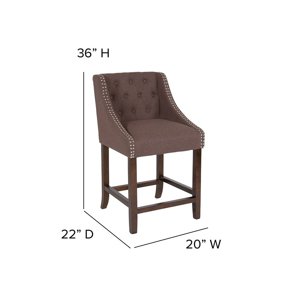 Carmel Series 24" High Transitional Tufted Walnut Counter Height Stool with Accent Nail Trim in Brown Fabric