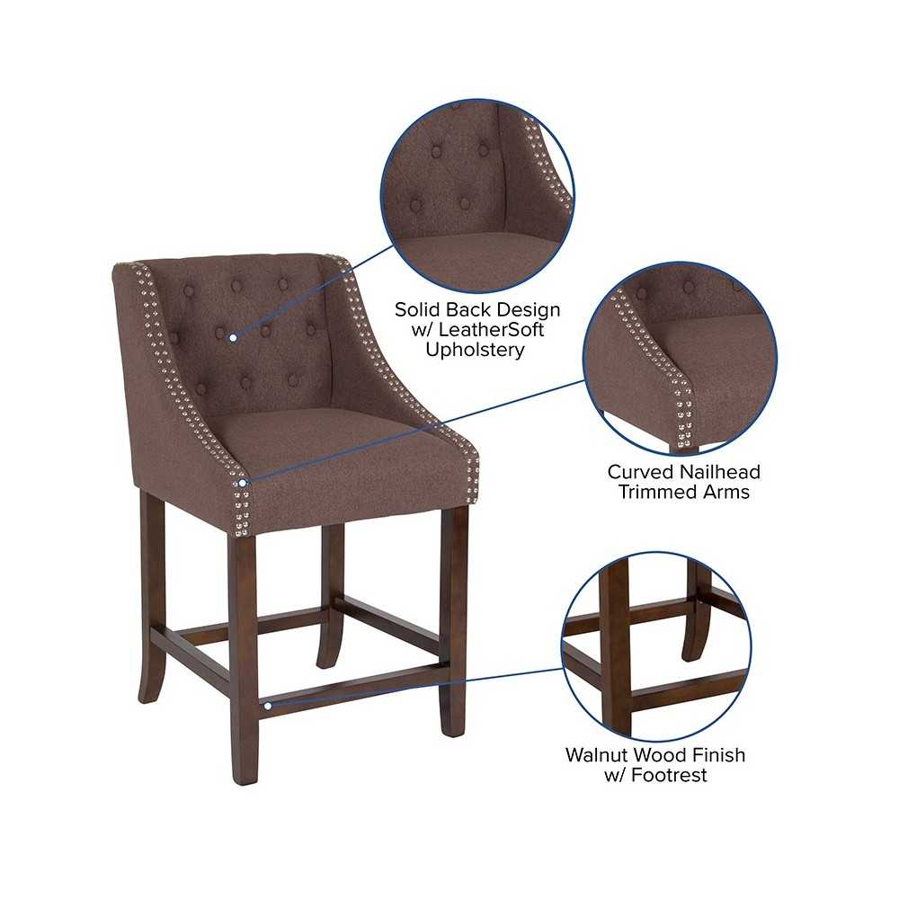 Carmel Series 24" High Transitional Tufted Walnut Counter Height Stool with Accent Nail Trim in Brown Fabric