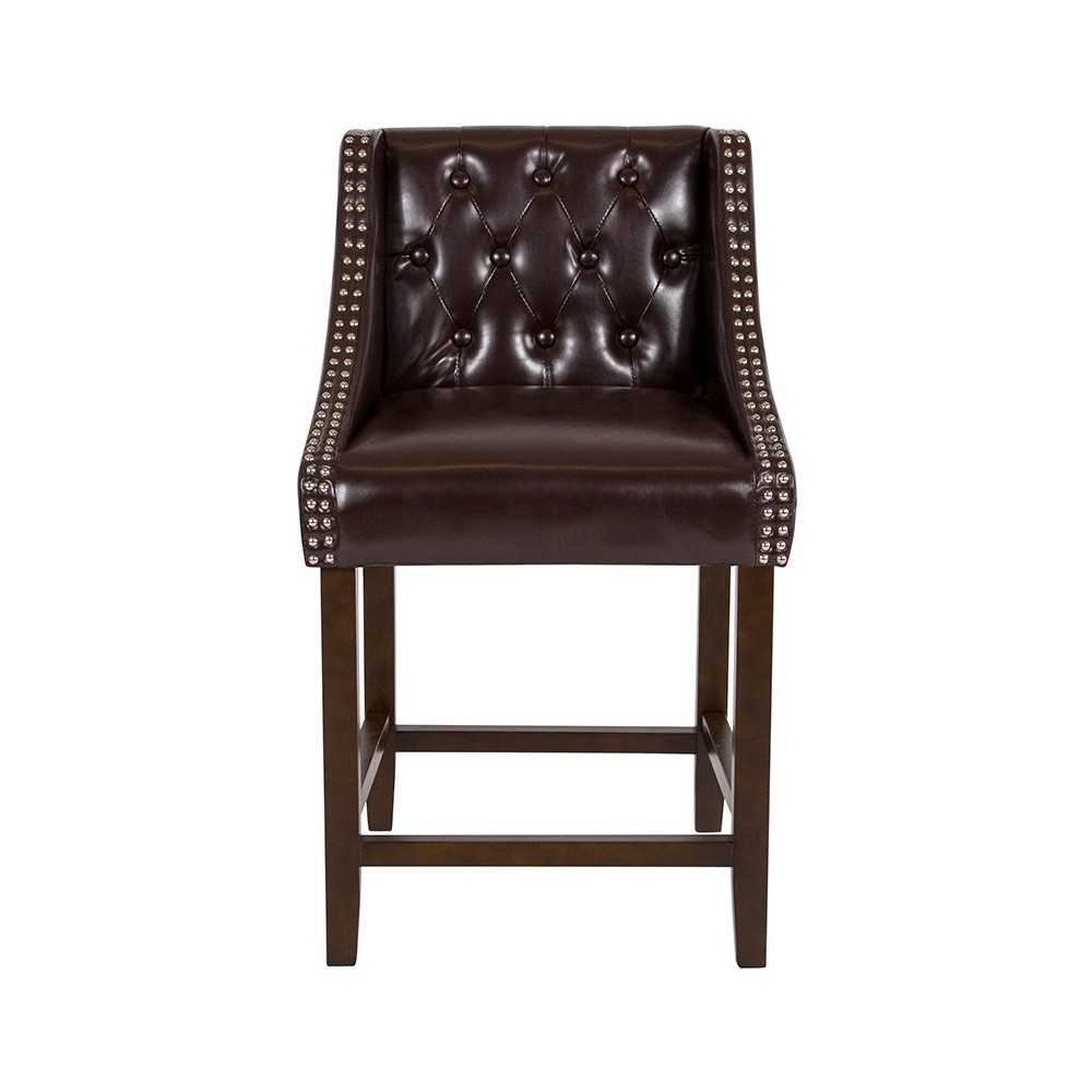 Carmel Series 24" High Transitional Tufted Walnut Counter Height Stool with Accent Nail Trim in Brown LeatherSoft