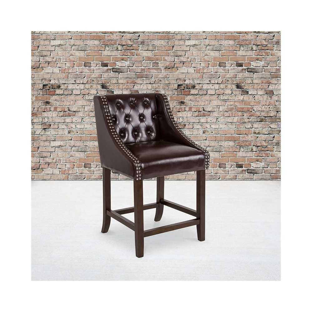 Carmel Series 24" High Transitional Tufted Walnut Counter Height Stool with Accent Nail Trim in Brown LeatherSoft