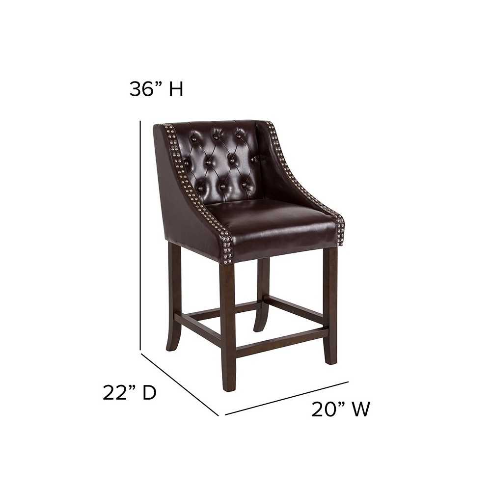 Carmel Series 24" High Transitional Tufted Walnut Counter Height Stool with Accent Nail Trim in Brown LeatherSoft