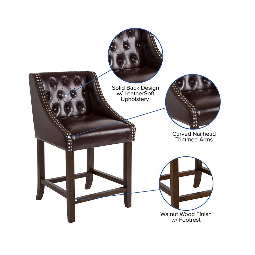 Carmel Series 24" High Transitional Tufted Walnut Counter Height Stool with Accent Nail Trim in Brown LeatherSoft