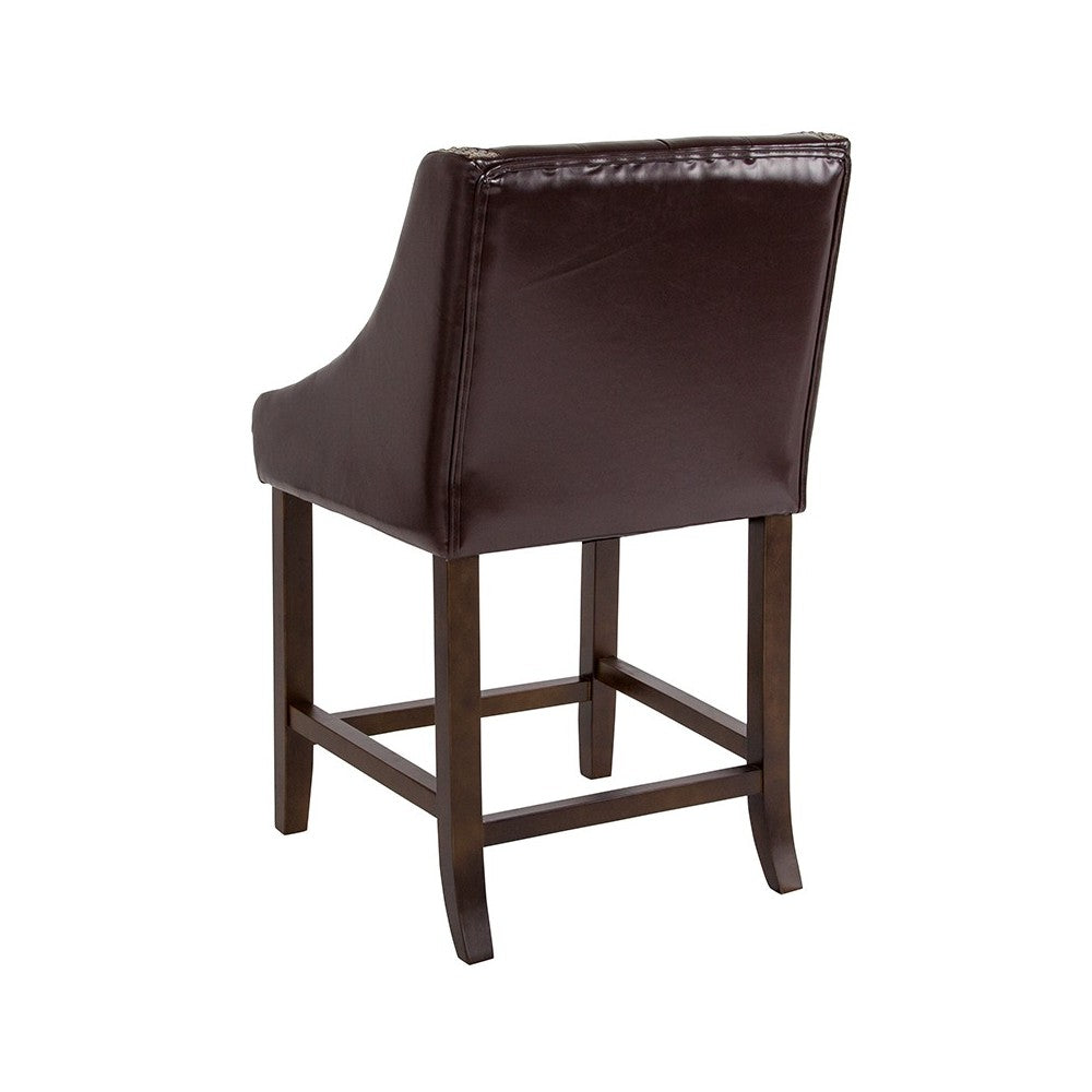 Carmel Series 24" High Transitional Tufted Walnut Counter Height Stool with Accent Nail Trim in Brown LeatherSoft