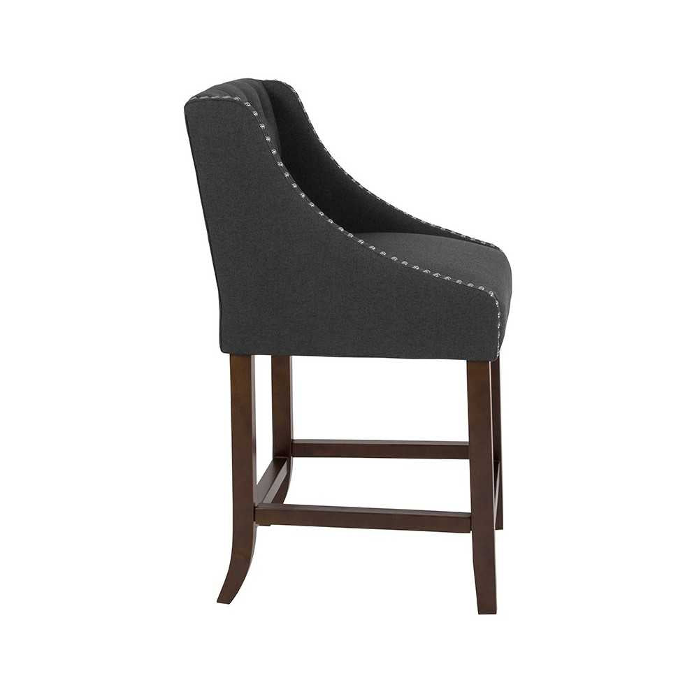 Carmel Series 24" High Transitional Tufted Walnut Counter Height Stool with Accent Nail Trim in Charcoal Fabric