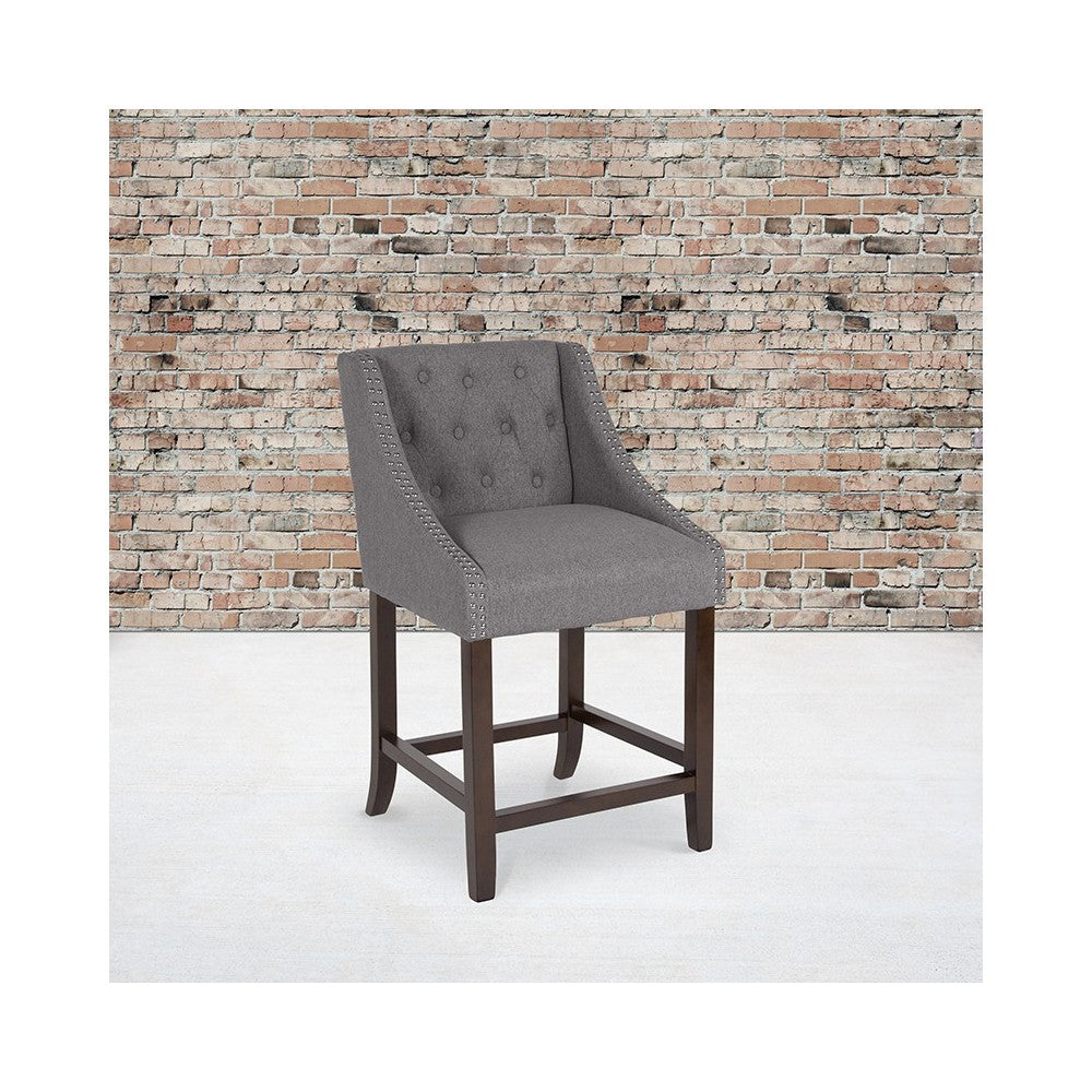 Carmel Series 24" High Transitional Tufted Walnut Counter Height Stool with Accent Nail Trim in Dark Gray Fabric