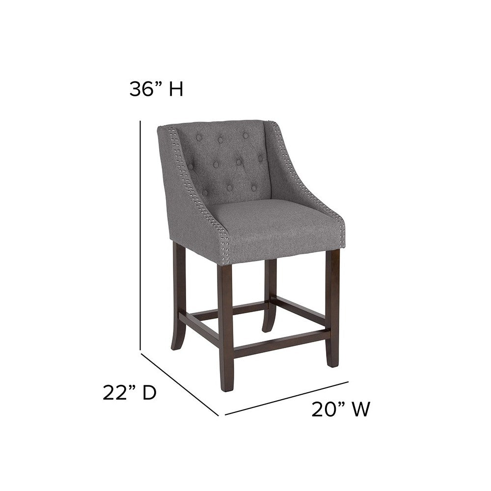Carmel Series 24" High Transitional Tufted Walnut Counter Height Stool with Accent Nail Trim in Dark Gray Fabric
