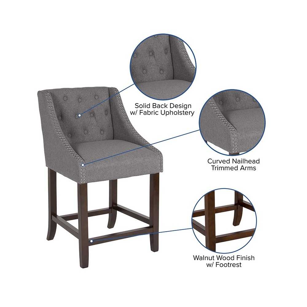 Carmel Series 24" High Transitional Tufted Walnut Counter Height Stool with Accent Nail Trim in Dark Gray Fabric