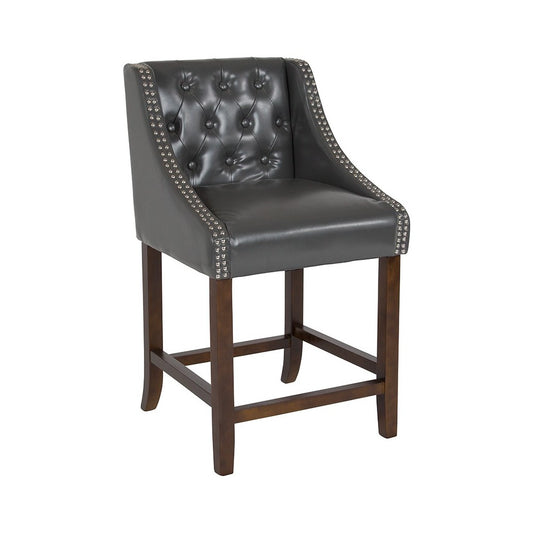 Carmel Series 24" High Transitional Tufted Walnut Counter Height Stool with Accent Nail Trim in Dark Gray LeatherSoft