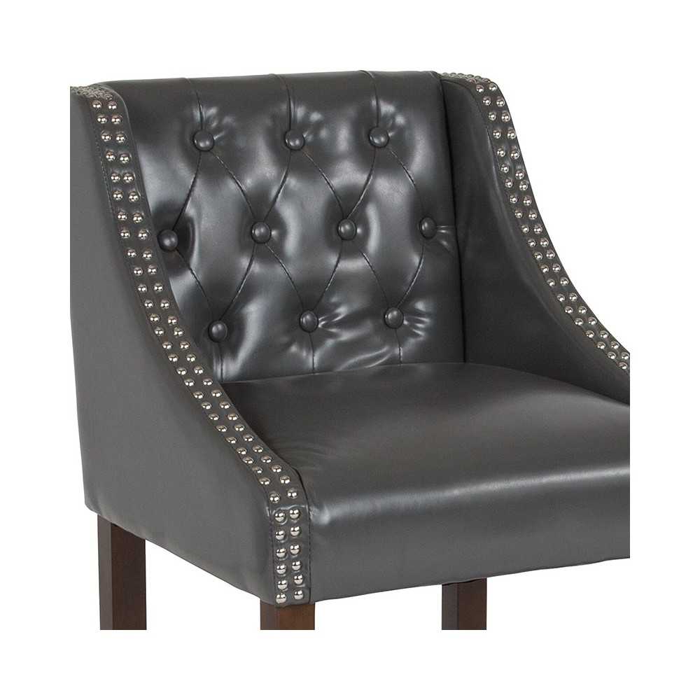 Carmel Series 24" High Transitional Tufted Walnut Counter Height Stool with Accent Nail Trim in Dark Gray LeatherSoft
