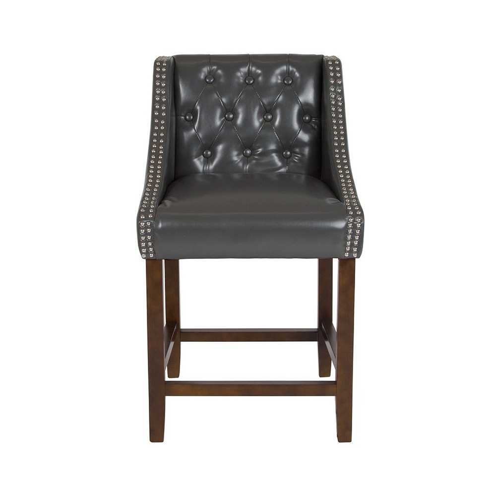 Carmel Series 24" High Transitional Tufted Walnut Counter Height Stool with Accent Nail Trim in Dark Gray LeatherSoft