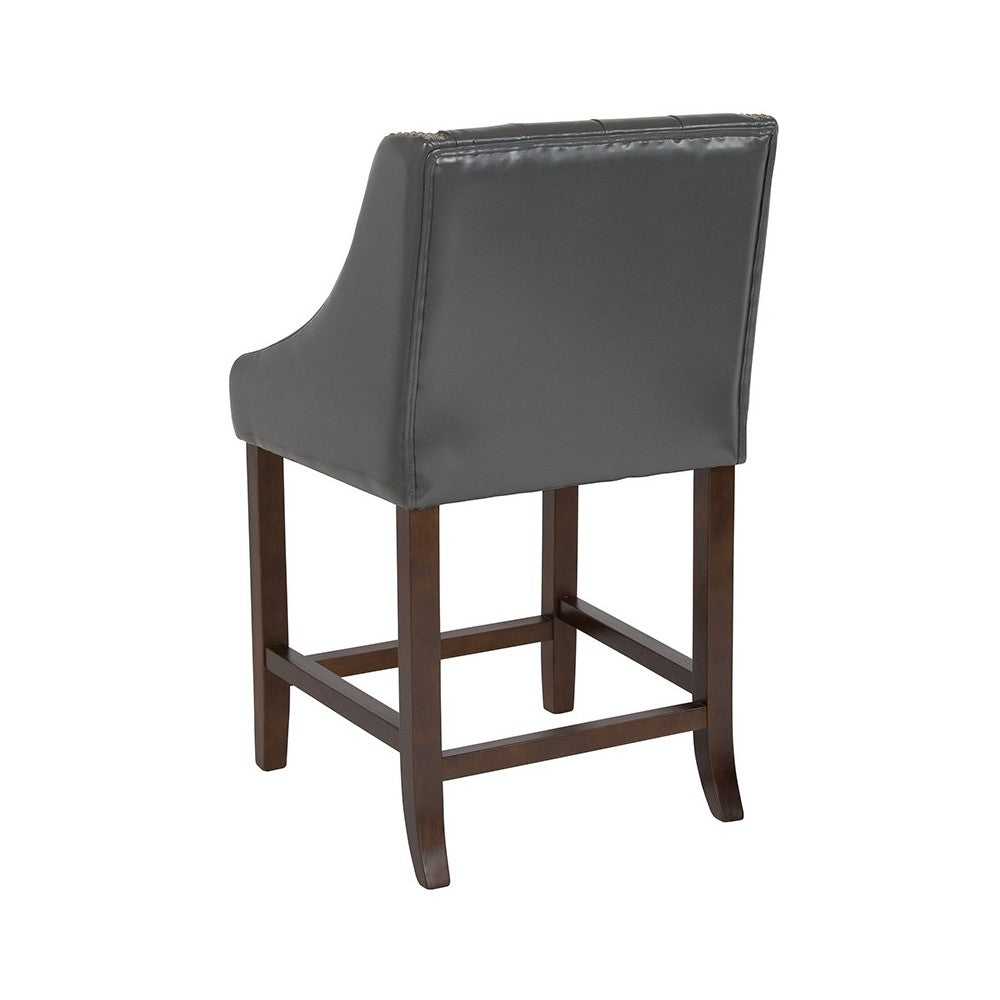 Carmel Series 24" High Transitional Tufted Walnut Counter Height Stool with Accent Nail Trim in Dark Gray LeatherSoft