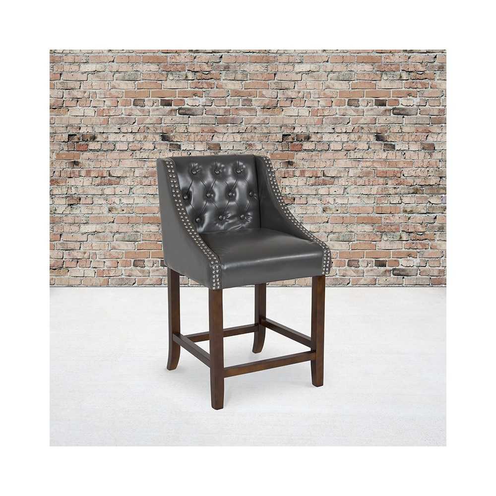Carmel Series 24" High Transitional Tufted Walnut Counter Height Stool with Accent Nail Trim in Dark Gray LeatherSoft