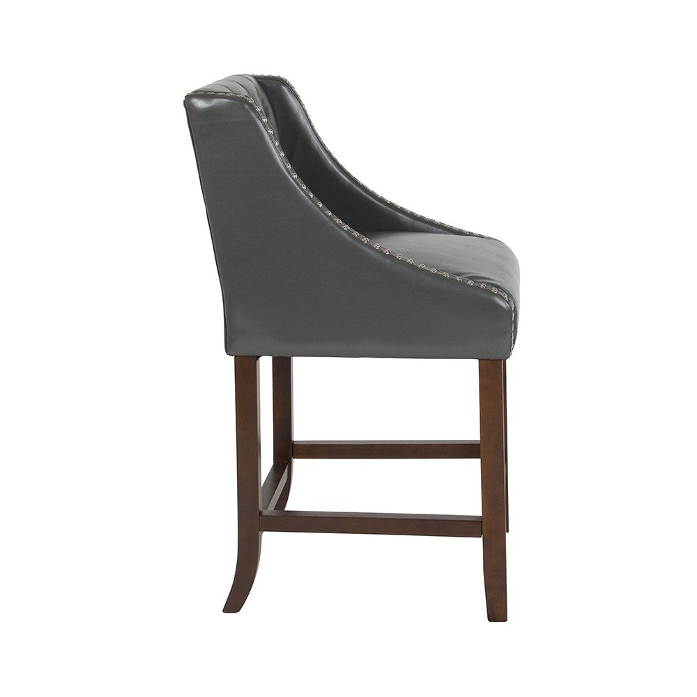 Carmel Series 24" High Transitional Tufted Walnut Counter Height Stool with Accent Nail Trim in Dark Gray LeatherSoft