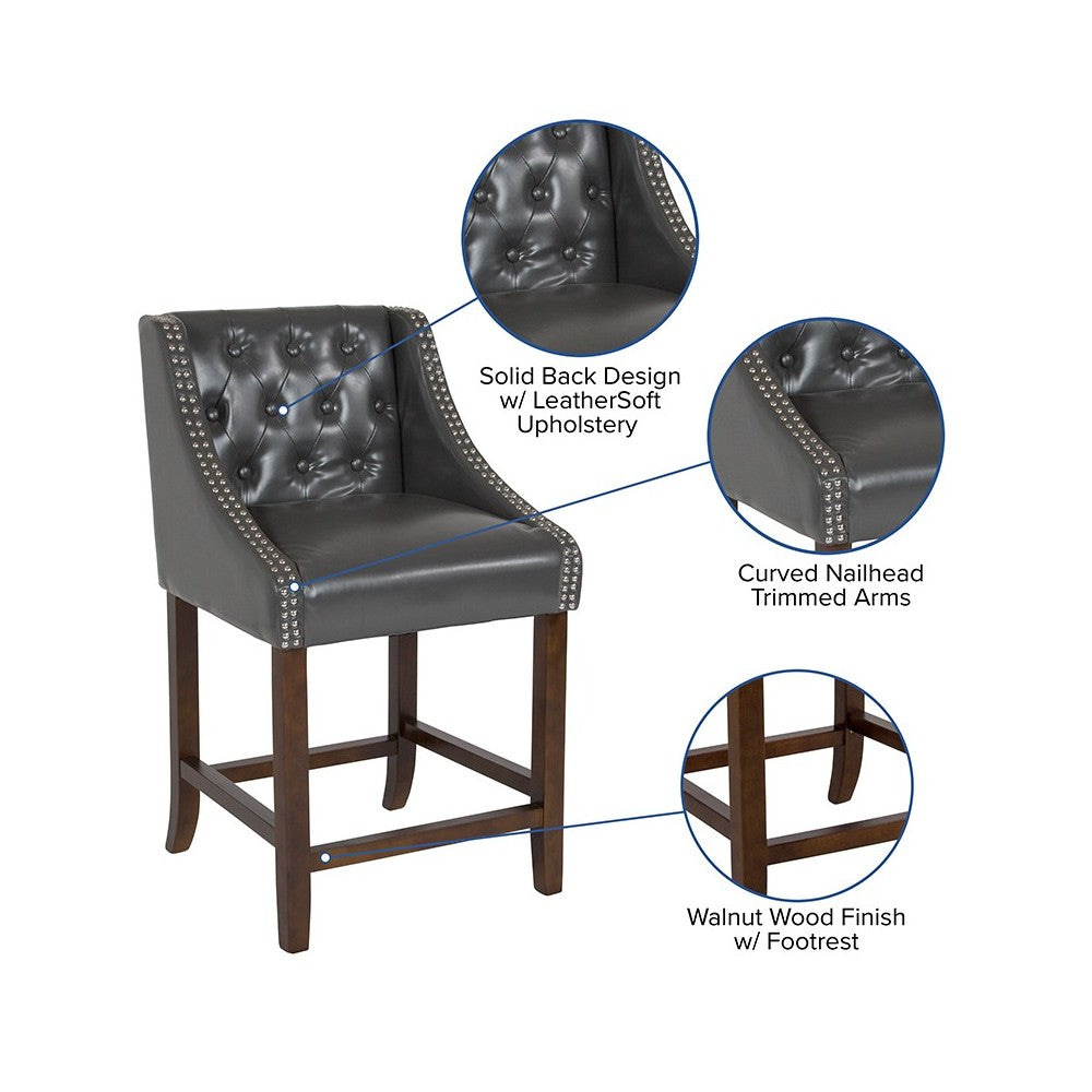 Carmel Series 24" High Transitional Tufted Walnut Counter Height Stool with Accent Nail Trim in Dark Gray LeatherSoft