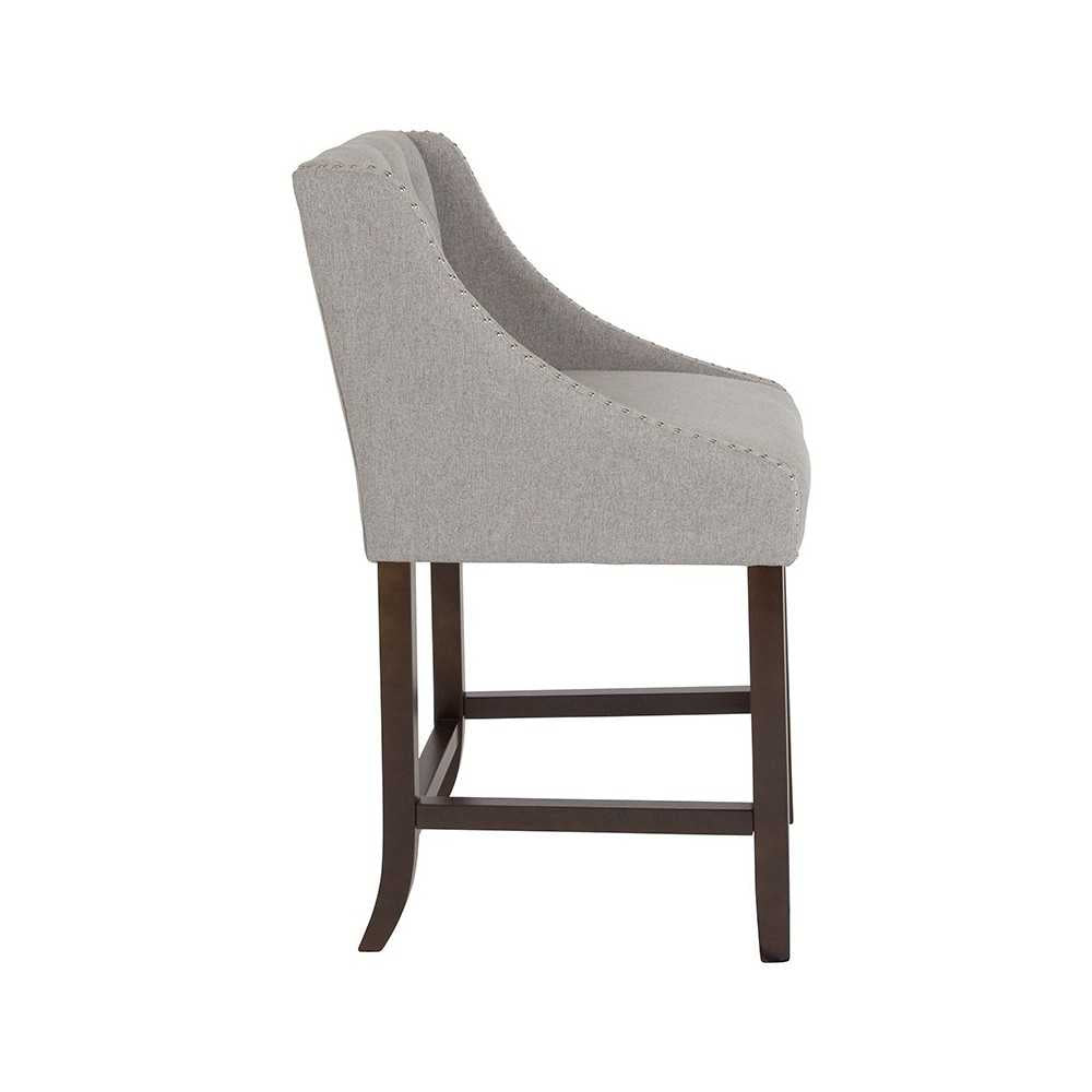 Carmel Series 24" High Transitional Tufted Walnut Counter Height Stool with Accent Nail Trim in Light Gray Fabric