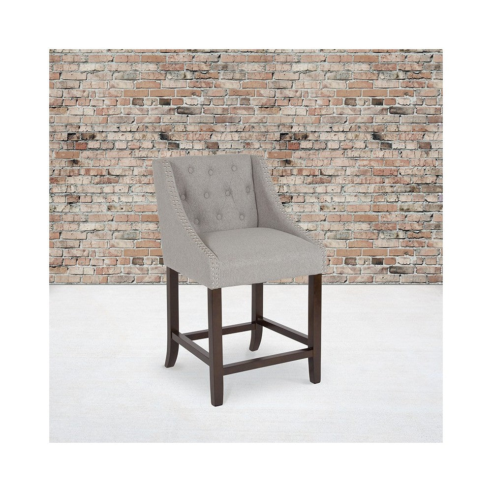 Carmel Series 24" High Transitional Tufted Walnut Counter Height Stool with Accent Nail Trim in Light Gray Fabric